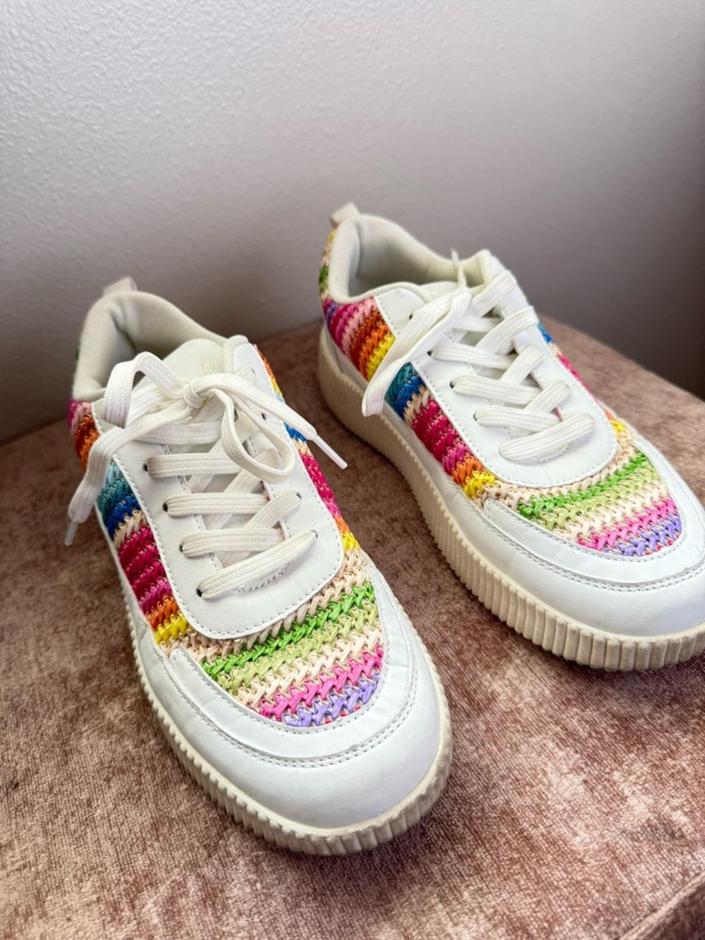 Women's White Sneakers with Multicolor Crochet Accents